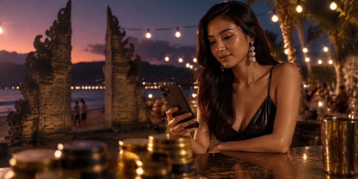 Seseorang bermain kasino mobile di tepi pantai dengan suasana santai dan seimbang